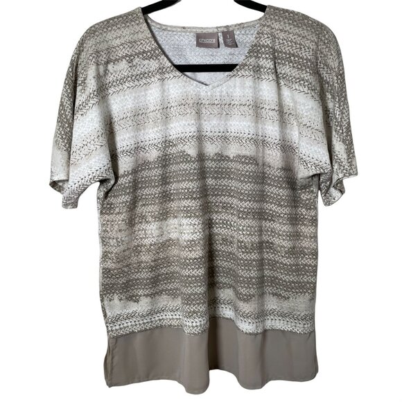 Chico’s Brown White Striped V Neck Short Sleeve Top Size 1 Medium Casual Fall - Picture 1 of 10